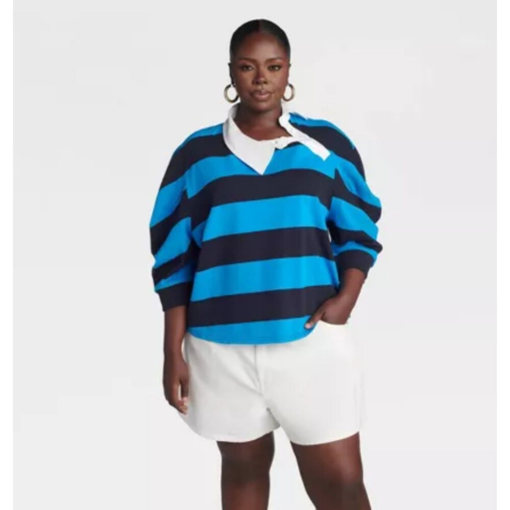 Women's KBB by Kahlana Asymmetric Long Sleeve Striped Rugby Shirt Blue XXL